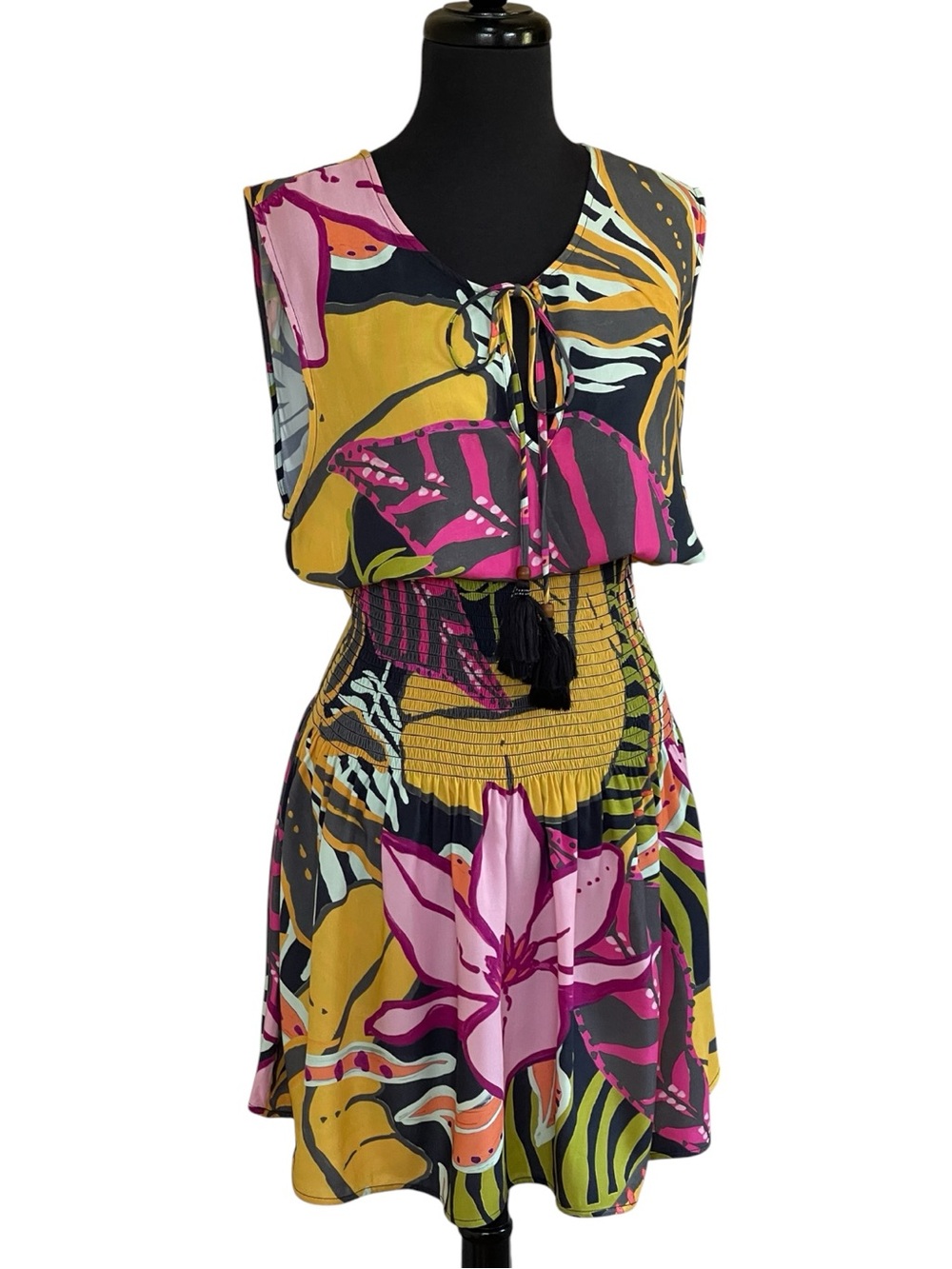 Maaji Multicolor Tropical Floral Palm Print Mini Dress Coverup Sz L Tie Detail